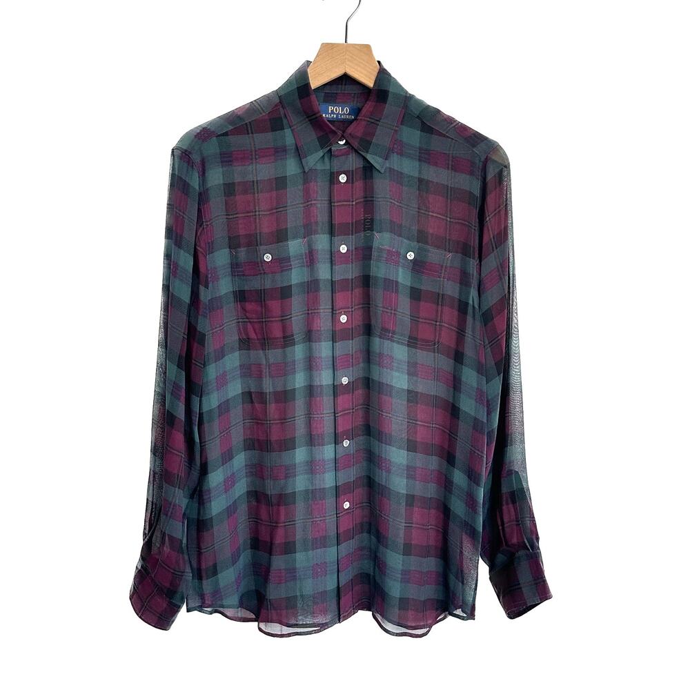 NWT Polo Ralph Lauren Silk Sheer Purple Green Plaid Shirt Blouse Size M
